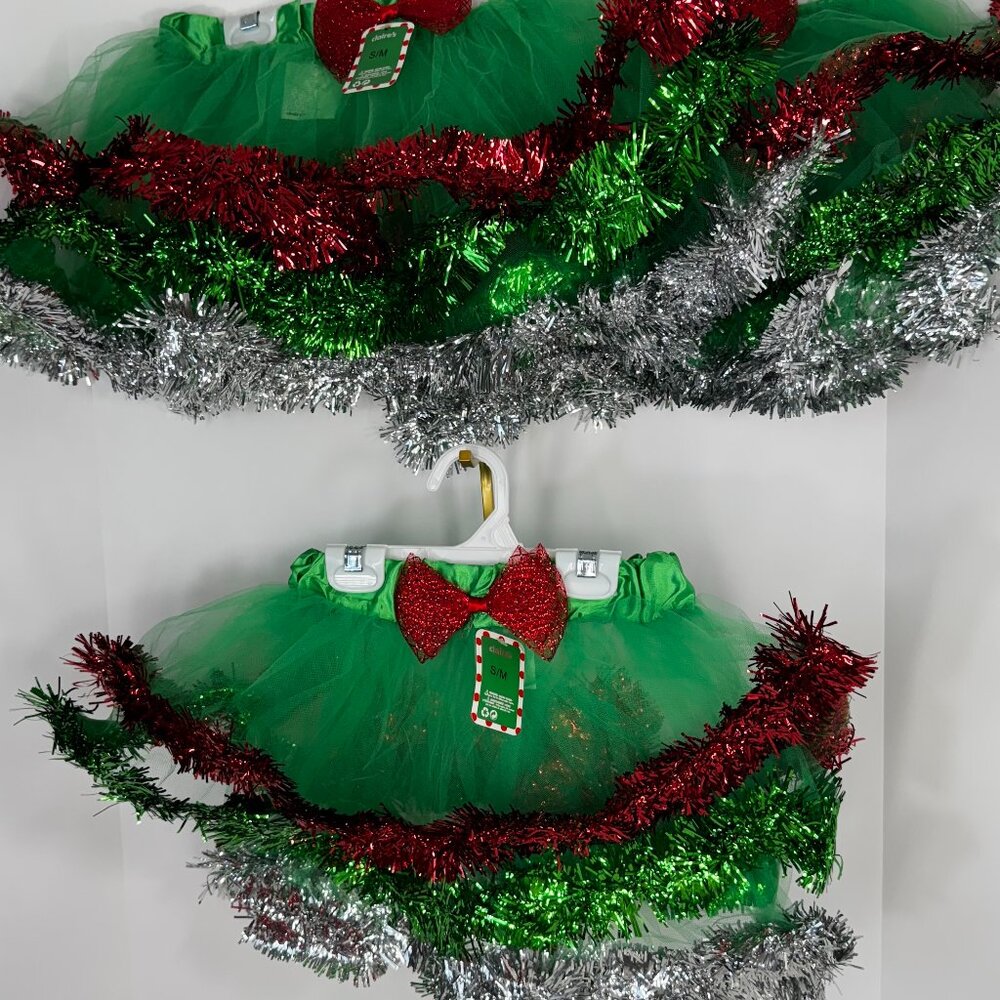 Festive Green Holiday Tutu Skirt with Red Glitter Bow (Size S/M)